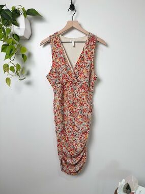 Leith Floral Ruched Midi Dress Cream Multicolor Sleeveless Deep V Bodycon Size L
